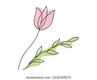 Continuous one line drawing of Pink Tulip flower with Green leaves isolated on white background. Line art. Concept of nature, ecology, organic shapes, Floral Art, Botanical Design, Elegant Bloom.