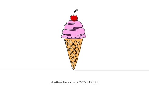 Dibujo continuo de una línea de helado rosa en un cono cubierto con una cereza. Dibujo de un postre con trazo negro editable sobre fondo blanco. Ilustración vectorial.