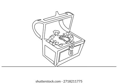 Dibujo continuo de una línea del cofre del tesoro de los piratas. Ilustración de dibujo de una sola línea de cofre del tesoro abierto con monedas de oro. Arte vectorial de concepto de monedas doradas brillantes. ilustración de línea Doodle.