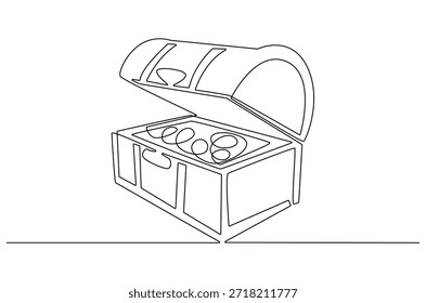 Dibujo continuo de una línea del cofre del tesoro de los piratas. Ilustración de dibujo de una sola línea de cofre del tesoro abierto con monedas de oro. Arte vectorial de concepto de monedas doradas brillantes. ilustración de línea Doodle.