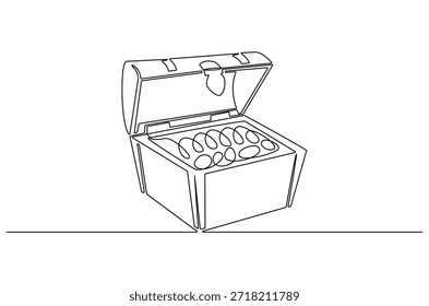 Kontinuierliche einzeilige Zeichnung von Pirates Schatztruhe. Einzeilige Zeichnung Illustration von Offene Schatztruhe mit Goldmünzen. Glänzende goldene Münzen Konzept Vektorgrafik. Doodle Linie Illustration.