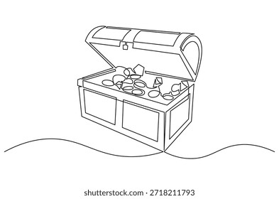 Dibujo continuo de una línea del cofre del tesoro de los piratas. Ilustración de dibujo de una sola línea de cofre del tesoro abierto con monedas de oro. Arte vectorial de concepto de monedas doradas brillantes. ilustración de línea Doodle.