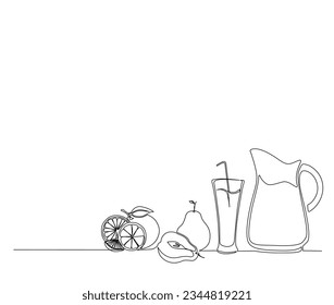 Continuous one line drawing of pitcher, juice and fruits. Juice ,pineapple, orange, and apple one line vector. Editable stroke.