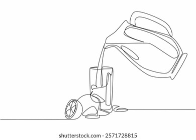 Continuous one line drawing pitcher of orange juice poured into a glass along with orange slices. Serves freshness in summer. National Orange Juice Day. Single line draw design vector illustration