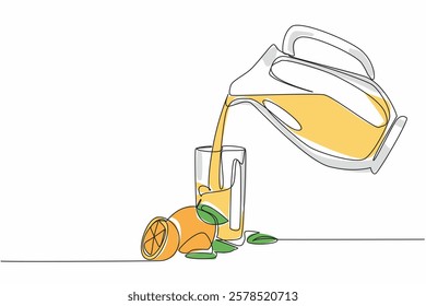 Continuous one line drawing pitcher of orange juice poured into a glass along with orange slices. Serves freshness in summer. National Orange Juice Day. Single line draw design vector illustration