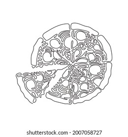 Pizza continua de una línea con tomate, queso, aceitunas, salchichas, cebolla, albahaca. Deliciosa comida rápida tradicional italiana. Estilo de rizo giratorio. ilustración vectorial de diseño de línea única