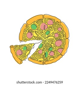 Continuous one line drawing pizza with tomato, cheese, olive, sausage, onion, basil. Delicious traditional Italian fast food. Swirl curl style. Single line draw design vector graphic illustration
