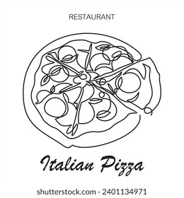 Continuous one line drawing of pizza for restaurant logo badge. Italian pizzeria logotype template concept isolated on white background.
