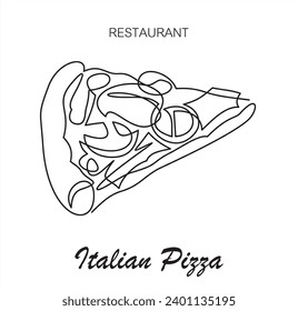 Continuous one line drawing of pizza for restaurant logo badge. Italian pizzeria logotype template concept isolated on white background.