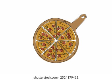 Continua una línea dibujando una pizza en una bandeja redonda para servir. La deliciosidad y conveniencia de la pizza. Comido con sus seres queridos. Sabroso. Día Nacional de la Pizza. Ilustración vectorial de diseño de dibujo de línea única
