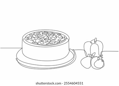 Continuous one line drawing pizza cake on a round wooden tray with peppers and tomatoes next to it. Unspeakable pleasure. International Pizza Cake Day. Single line draw design vector illustration