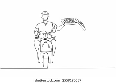 Continuous one line drawing pizza delivery man riding motorbike one hand holding open pizza box. Delivered on time. Pizza Delivery Driver Appreciation Day. Single line draw design vector illustration