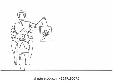 Continuous one line drawing pizza delivery man riding a motorbike and carrying a package bag. Fast food delivery. Pizza Delivery Driver Appreciation Day. Single line draw design vector illustration