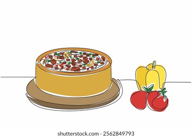 Continuous one line drawing pizza cake on a round wooden tray with peppers and tomatoes next to it. Unspeakable pleasure. International Pizza Cake Day. Single line draw design vector illustration