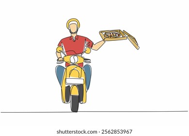 Continuous one line drawing pizza delivery man riding motorbike one hand holding open pizza box. Delivered on time. Pizza Delivery Driver Appreciation Day. Single line draw design vector illustration