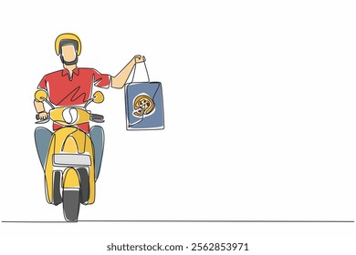 Continuous one line drawing pizza delivery man riding a motorbike and carrying a package bag. Fast food delivery. Pizza Delivery Driver Appreciation Day. Single line draw design vector illustration