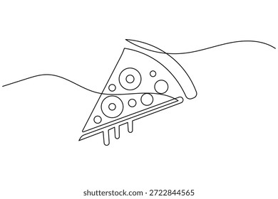 Kontinuierliche einzeilige Zeichnung von Pizzascheibe mit Schmelzkäse und Pfefferoni