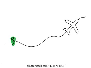 Continuous one line drawing of plane line path. Simple icon of air plane flight route with start point and trace for logo and posters. Vector illustration