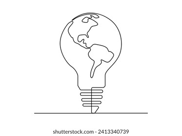 Continuous one line drawing of planet earth inside light bulb. Isolated on white background vector illustration. Free vector.