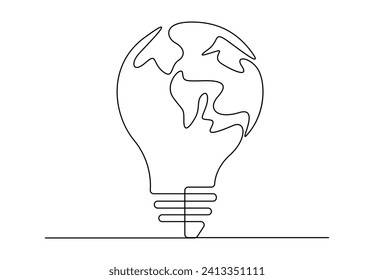 Continuous one line drawing of planet earth as a light bulb. Isolated on white background vector illustration. Free vector.