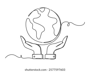 Continuous one line drawing of planet earth or globe on palm hand vector illustration on white background