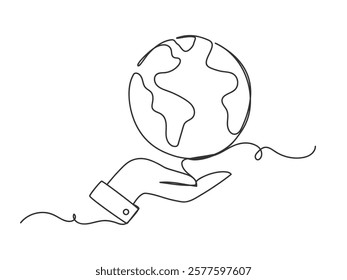 Continuous one line drawing of planet earth or globe on palm hand vector illustration on white background