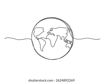 Continuous one line drawing of planet earth or globe vector illustration on white background.