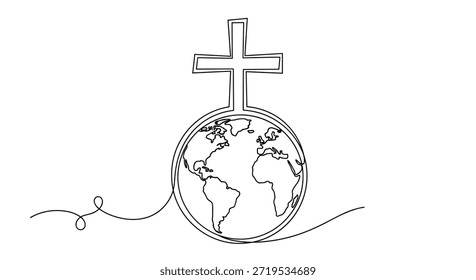 Desenho contínuo de uma linha do globo do planeta terra coberto com uma simples cruz cristã religiosa como uma peça de arte simbólica minimalista.