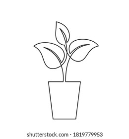 Continuous one line drawing of plant in pot, House plant leaves growing in flowerpot. Isolated design element. Minimalist contour vector illustration made of single thin line black and white