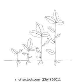 Continuous one line drawing plant growth progress outline vector art illustration