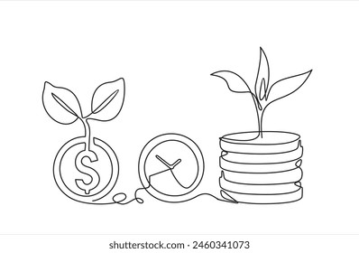 Dibujo continuo de una línea de la planta, reloj y monedas de dólar. Crecimiento monetario: una sola línea. Icono de línea de inversión