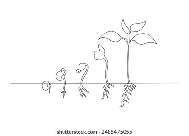 Dibujo continuo de una línea Vector del proceso de crecimiento de la planta