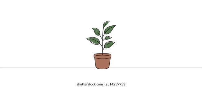 Continuous one line drawing of plant in pot. Beautiful plant in one line style. Vector illustration.