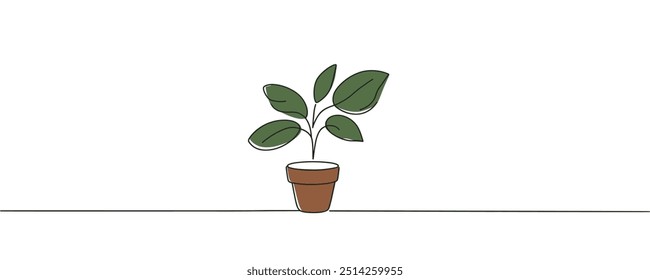 Continuous one line drawing of plant in pot. Beautiful plant in one line style. Vector illustration.