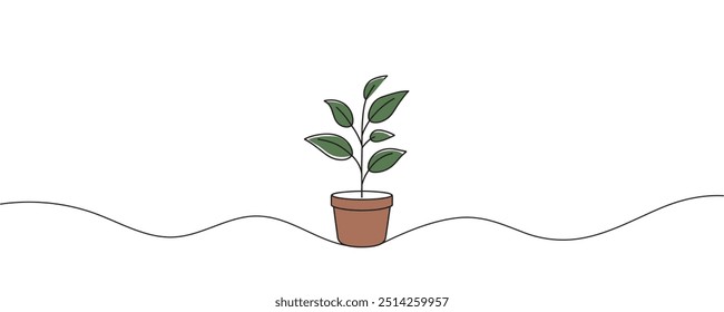 Desenho contínuo de uma linha de planta em vaso. Linda planta em um estilo de linha. Ilustração vetorial.