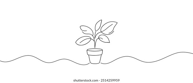 Desenho contínuo de uma linha de planta em vaso. Linda planta em um estilo de linha. Ilustração vetorial.