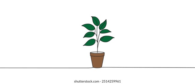 Desenho contínuo de uma linha de planta em vaso. Linda planta em um estilo de linha. Ilustração vetorial.