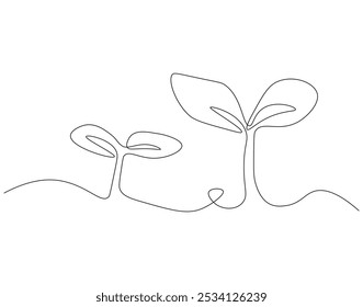 Continuous one line drawing of plant. One line drawing illustration of growing sprout. Growth, seedling, gardening concept single line. Editable outline