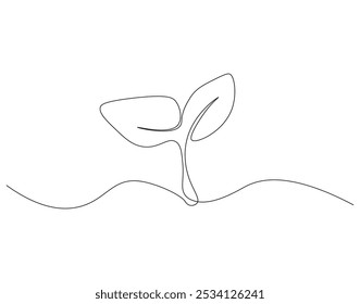 Continuous one line drawing of plant. One line drawing illustration of growing sprout. Growth, seedling, gardening concept single line. Editable outline