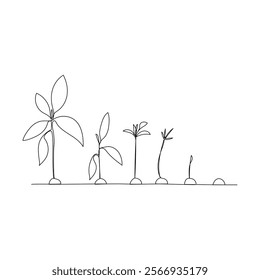 Continuous one line drawing of plant growth processing outline vector illustration