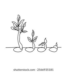 Continuous one line drawing of plant growth processing outline vector illustration