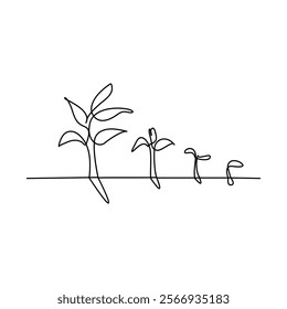 Continuous one line drawing of plant growth processing outline vector illustration