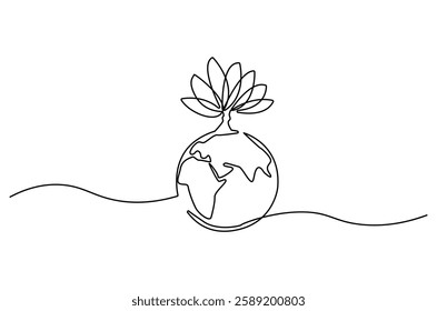 Continuous one line drawing of plant with earth. Single line drawing illustration of plant grow on the earth. Environmental greening concept vector art. Doodle line illustration.