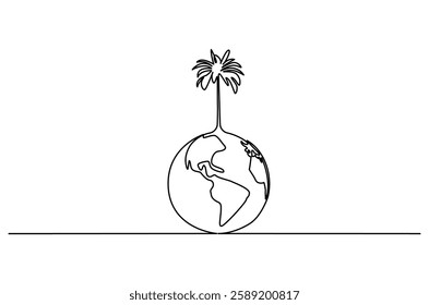 Continuous one line drawing of plant with earth. Single line drawing illustration of plant grow on the earth. Environmental greening concept vector art. Doodle line illustration.