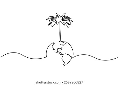 Continuous one line drawing of plant with earth. Single line drawing illustration of plant grow on the earth. Environmental greening concept vector art. Doodle line illustration.