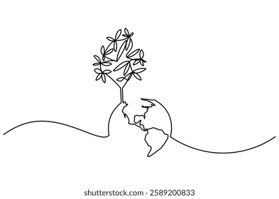 Continuous one line drawing of plant with earth. Single line drawing illustration of plant grow on the earth. Environmental greening concept vector art. Doodle line illustration.