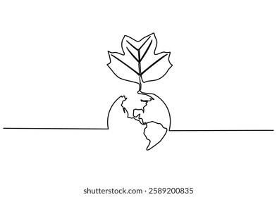 Continuous one line drawing of plant with earth. Single line drawing illustration of plant grow on the earth. Environmental greening concept vector art. Doodle line illustration.