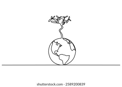 Continuous one line drawing of plant with earth. Single line drawing illustration of plant grow on the earth. Environmental greening concept vector art. Doodle line illustration.