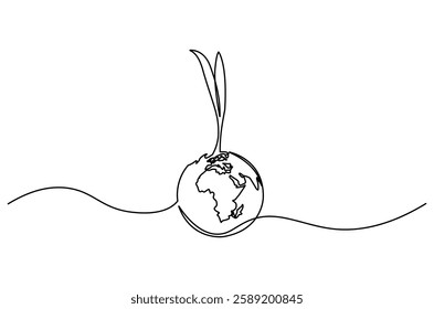 Continuous one line drawing of plant with earth. Single line drawing illustration of plant grow on the earth. Environmental greening concept vector art. Doodle line illustration.