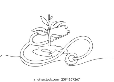 Continuous one line drawing plant shoots with soil surrounded by stethoscope. Check the growth of shoots every day. International Day of Plant Health. Single line draw design vector illustration